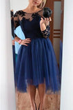 Elegant Navy Blue Lace Tulle Short Homecoming Dresses With Sleeves - Bohogown