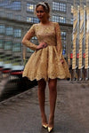 A-line Long Sleeves Gold Lace Short Homecoming Dresses For Teens - Bohogown