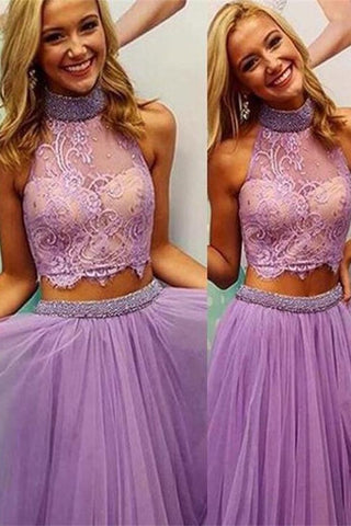 Modest Violet Two Pieces Beaded Lace Tulle Short Homecoming Dresses  - Bohogown
