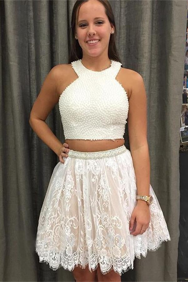 Pretty Cute A-line Two Pieces Lace Beaded Short Homecoming Dresses - Bohogown