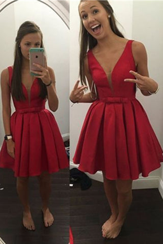 Modest Red V-neck Satin Short Homecoming Dresses - Bohogown