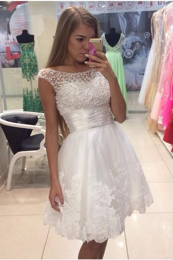 Elegant A-line White Beaded Lace Short Homecoming Dresses,Party Dresses - Bohogown