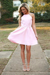 Simple Style A-line Pink Satin Short Homecoming Dresses - Bohogown