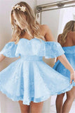 Light Blue Off The Shoulder Backless Lace Short Homecoming Dresses - Bohogown