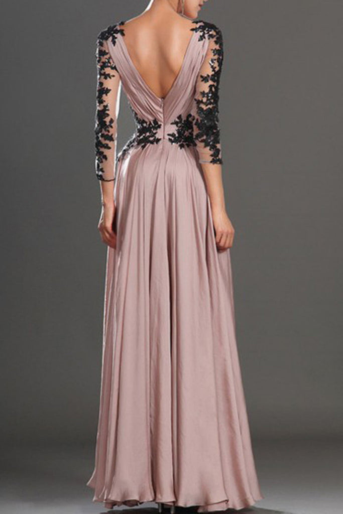 Elegant Pink A-line Long Sleeves Chiffon Lace Prom Dresses - Bohogown