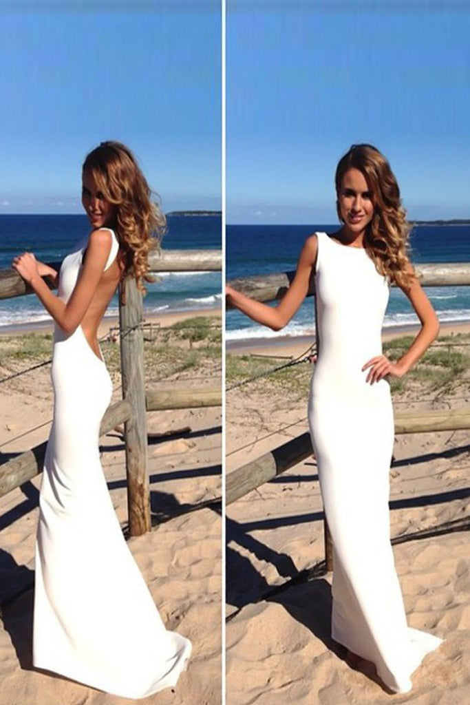 Elegant Open Back Mermaid White Long Prom Dresses,Beach Wedding Dresses - Bohogown