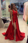 Simple V-neck Red Front Split Long Prom Dresses For Teens - Bohogown