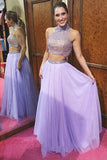 Modest Violet Two Pieces Beaded Tulle Long Prom Dresses - Bohogown