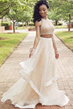 Elegant Princess Two Pieces A-line Beaded Tulle Long Prom Dresses - Bohogown