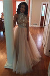 Charming Princess High Neckline A-line Two Pieces Beaded Tulle Prom Dresses - Bohogown