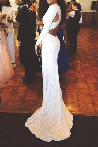 Simple Elegant Mermaid Long Sleeves White Prom Dresses - Bohogown