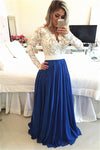 Modest Long Sleeves Beaded V-neck Royal Blue Chiffon Lace Prom Dresses - Bohogown