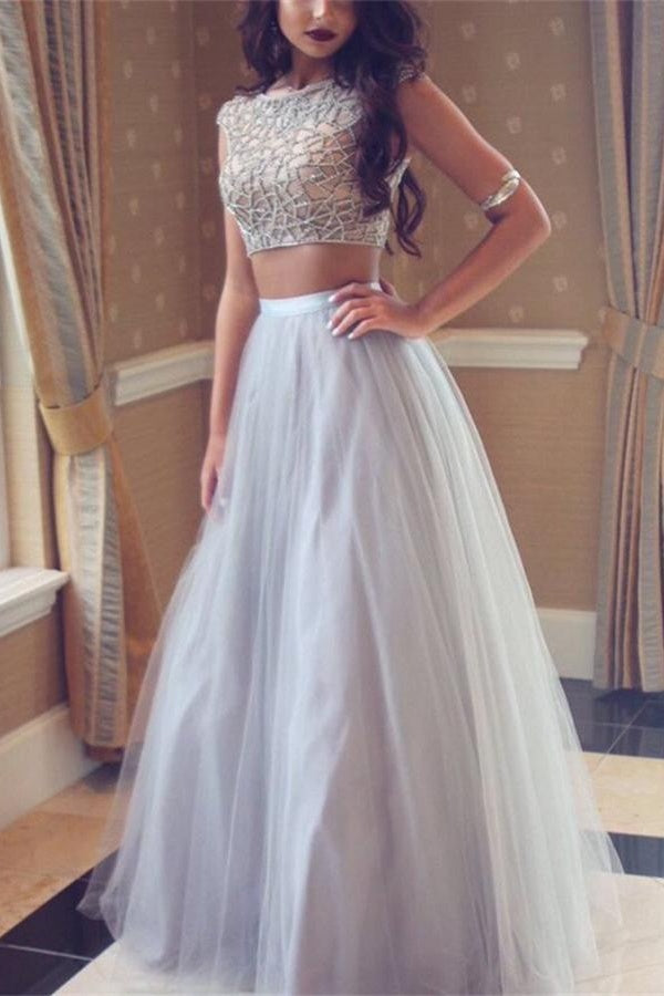 Charming Elegant Two Pieces Beaded Gray Long Prom Dresses For Girls - Bohogown