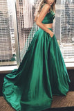 Two Pieces Green Long Prom Dresses With Pockets - Bohogown