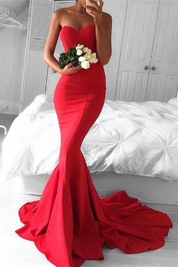 Sweetheart Mermaid Red Sweep Train Long Prom Dresses - Bohogown