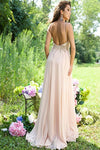 Elegant Princess Beaded Backless Pink Chiffon Long Prom Dresses - Bohogown
