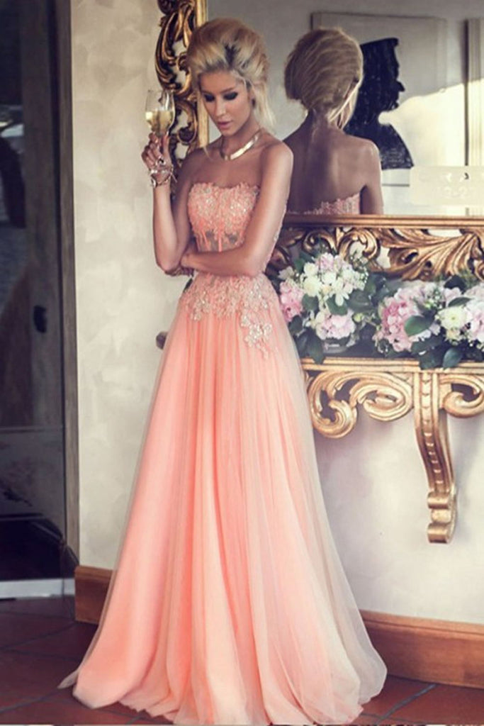 Modest Strapless Beaded Pink A-line Lace Tulle Prom Dresses - Bohogown