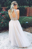 Modest High Neck Open Back Beaded Two Pieces Beaded Tulle A-line Prom Dresses Z0139 - Bohogown