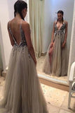 Sparkly Deep V-neck Backless Beaded Tulle Long Prom Dresses - Bohogown