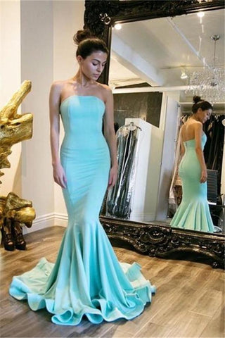 Strapless Mermaid Long Simple Cheap Elegant Light Blue Prom Dresses Z0146 - Bohogown