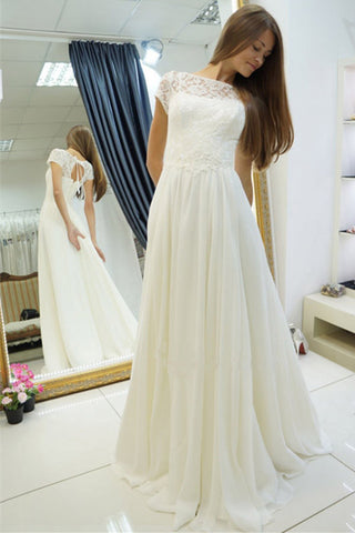 Short Sleeves Ivory Open Back Lace Chiffon Wedding Dresses,Beach Wedding Dresses - Bohogown