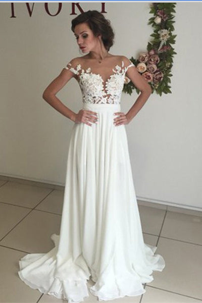 Cap Sleeves Ivory Chiffon Lace Long Wedding Dresses - Bohogown