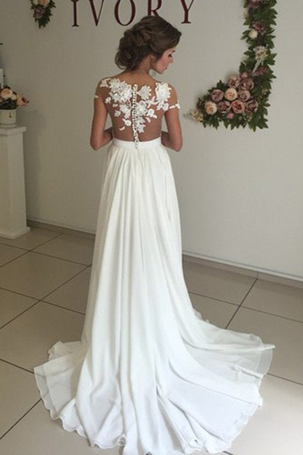 Cap Sleeves Ivory Chiffon Lace Long Wedding Dresses - Bohogown