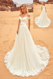 Elegant A-line Ivory Off The Shoulder Long Lace Tulle Wedding Dresses - Bohogown