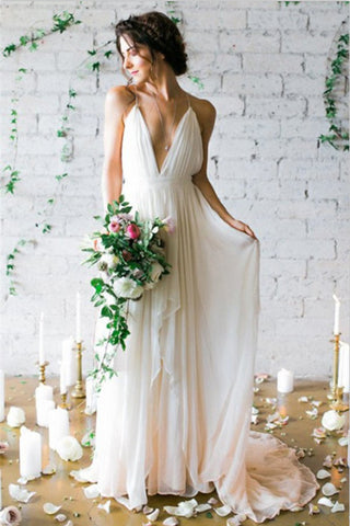Elegant Flowy Spaghetti Straps Backless Ivory Chiffon Long Wedding Dresses,Beach Wedding Dresses - Bohogown