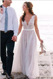 Elegant Simple Lace Tulle Long Zipper Back Beach Wedding Dresses - Bohogown