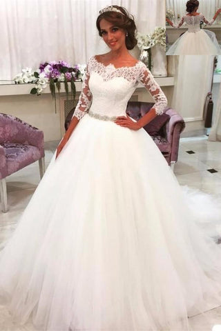 Ivory Lace Beaded Tulle Long Ball Gown Wedding Dresses With Sleeves - Bohogown