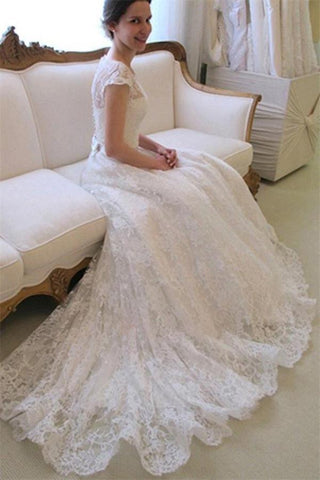 Elegant Ivory A-line Cap Sleeves Lace Long Wedding Dresses - Bohogown
