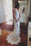 Spaghetti Straps V-neck Long Mermaid Lace White Wedding Dresses Z0165 - Bohogown