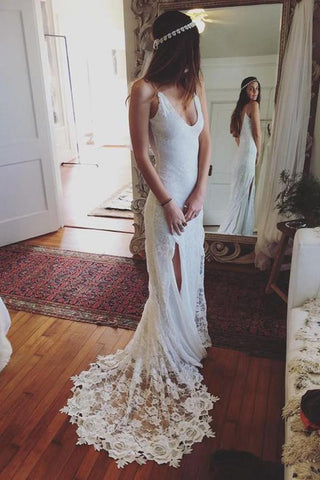 Spaghetti Straps V-neck Long Mermaid Lace White Wedding Dresses Z0165 - Bohogown