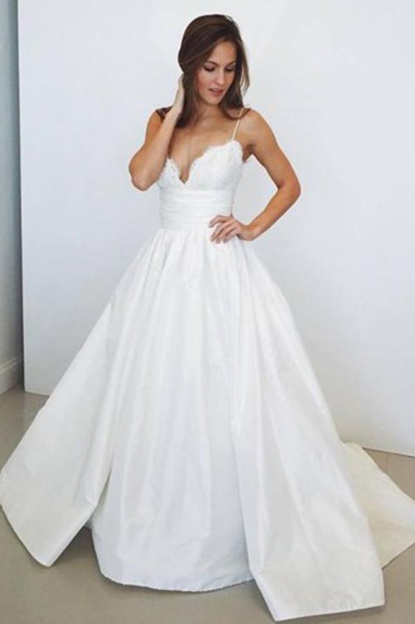 Elegant Spaghetti Straps A-line Lace Satin Long Wedding Dresses - Bohogown