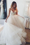 Charming Elegant Ivory Beaded A-line V-neck Tulle Long Wedding Dresses - Bohogown