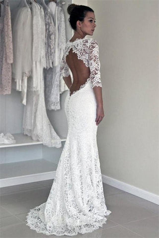 Simple Mermaid Backless Lace Long Wedding Dresses With Sleeves - Bohogown