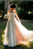 Simple Elegant A-line Lace Tulle Long Beach Wedding Dresses - Bohogown