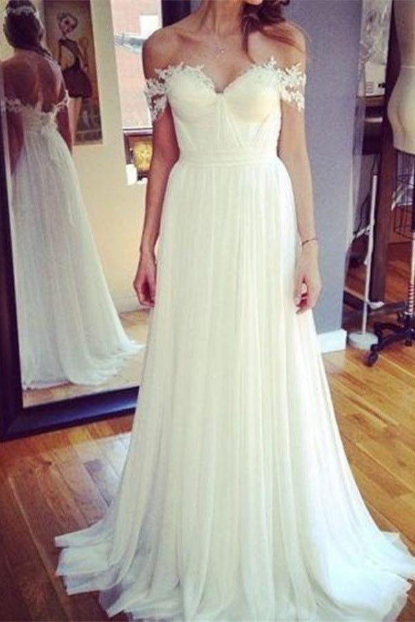 Ivory Flowy Off The Shoulder A-line Lace Chiffon Long Wedding Dresses - Bohogown
