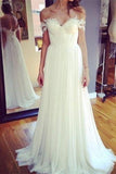 Ivory Flowy Off The Shoulder A-line Lace Chiffon Long Wedding Dresses - Bohogown