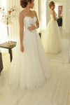 Ivory Lace Up Spaghetti Straps A-line Lace Tulle Long Wedding Dresses - Bohogown
