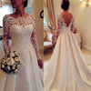 Ivory Long Sleeves Lace Satin Open Back A-line Modest Wedding Dress Z0180 - Bohogown