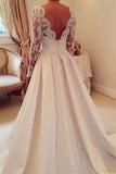 Ivory Long Sleeves Lace Satin Open Back A-line Modest Wedding Dresses Z0180 - Bohogown