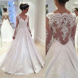 Modest White Long V-neck Lace Satin Beaded A-line Long Sleeves Wedding Dresses Z0181 - Bohogown