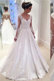 Modest White Long V-neck Lace Satin Beaded A-line Long Sleeves Wedding Dresses Z0181 - Bohogown