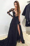 Long Sleeves Front Split Lace Chiffon Tulle Long Black Prom Dresses For Teens Z0182 - Bohogown