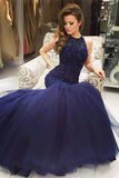 Sparkly Mermaid Long Sheath Beaded Tulle Royal Blue Prom Dresses Z0183 - Bohogown