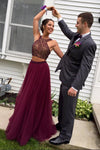 Plum Two Pieces Beaded Tulle A-line Long Prom Dresses For Teens Z0184 - Bohogown