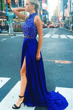 Sparkly High Neck Two Pieces Royal Blue Beaded Long Prom Dresses Z0185 - Bohogown