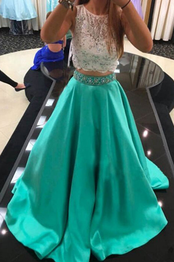 Beauty Two Pieces Beaded Long A-line Satin Green Prom Dresses For Teens Z0187 - Bohogown